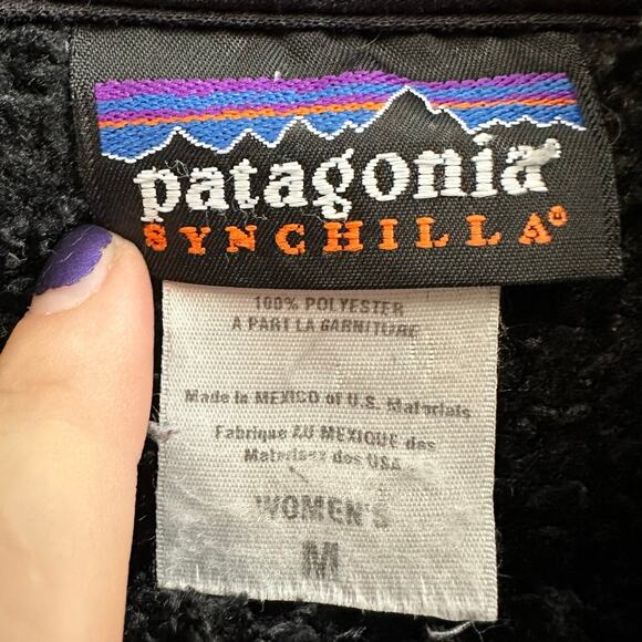 Patagonia Synchilla Black Fleece Curly Q Shawl Collar Jacket Full Zip Medium - Picture 7 of 7